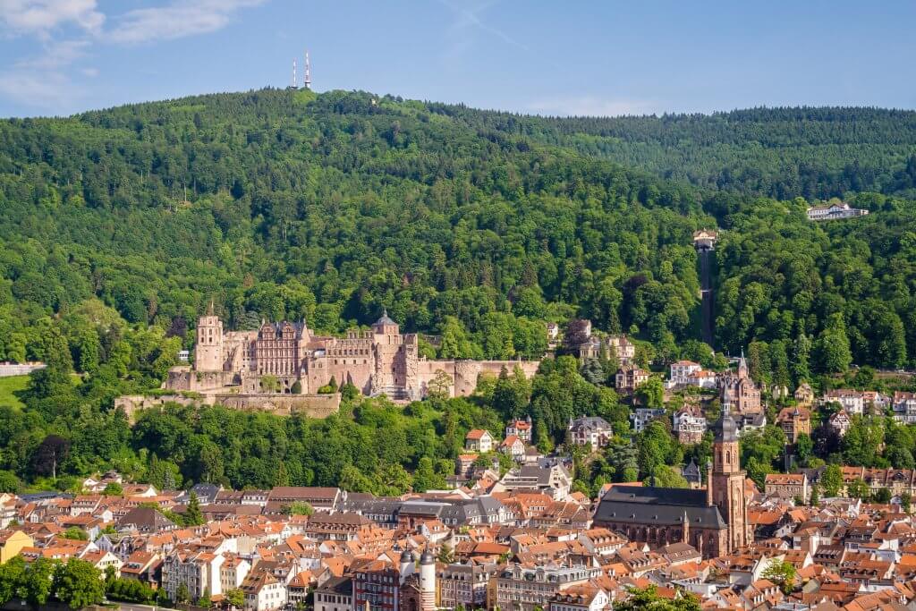 View of Heidelberg castle from Philosophenweg across the Necker river in Germany.