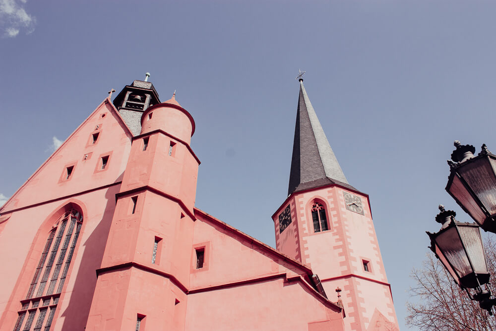 Gothic red sandstone church in Michelstadt, a german fairytale village