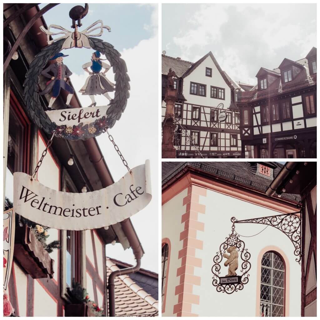 Ornate Shop signs hanging from the shops in Michelstadt Germany