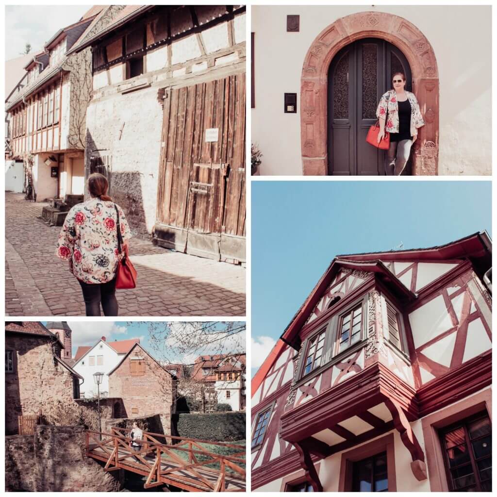 Multiple images of a woman exploring the German town of Michelstadt.