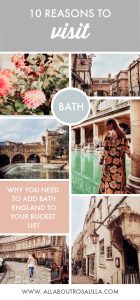 10 Reasons to travel to Bath, England. If dreaming of Jane Austen, a city made from golden coloured limestone and weeping willows is your thing, then you need to get yourself to Bath, England. If that hasn't got you already booking your flights I am going to give you 10 more reasons to travel to Bath, England. Read more on www.allaboutrosalilla.com #visitbath #bathcityengland #bathcity #thingstodoinbath #janeausten #romanbaths #placestovisitinengland #bathcityuk #travelblogger #plussizetravel