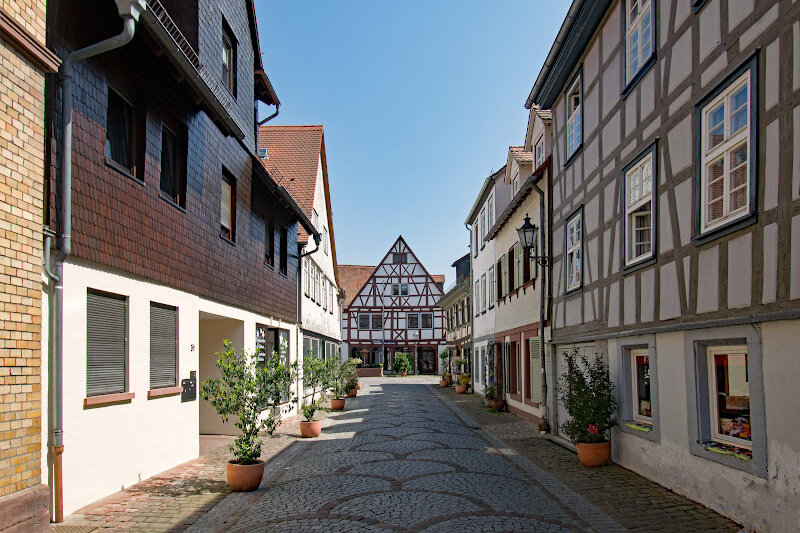 Charming half-timbered houses lining a street in Michelstadt, Odenwald.