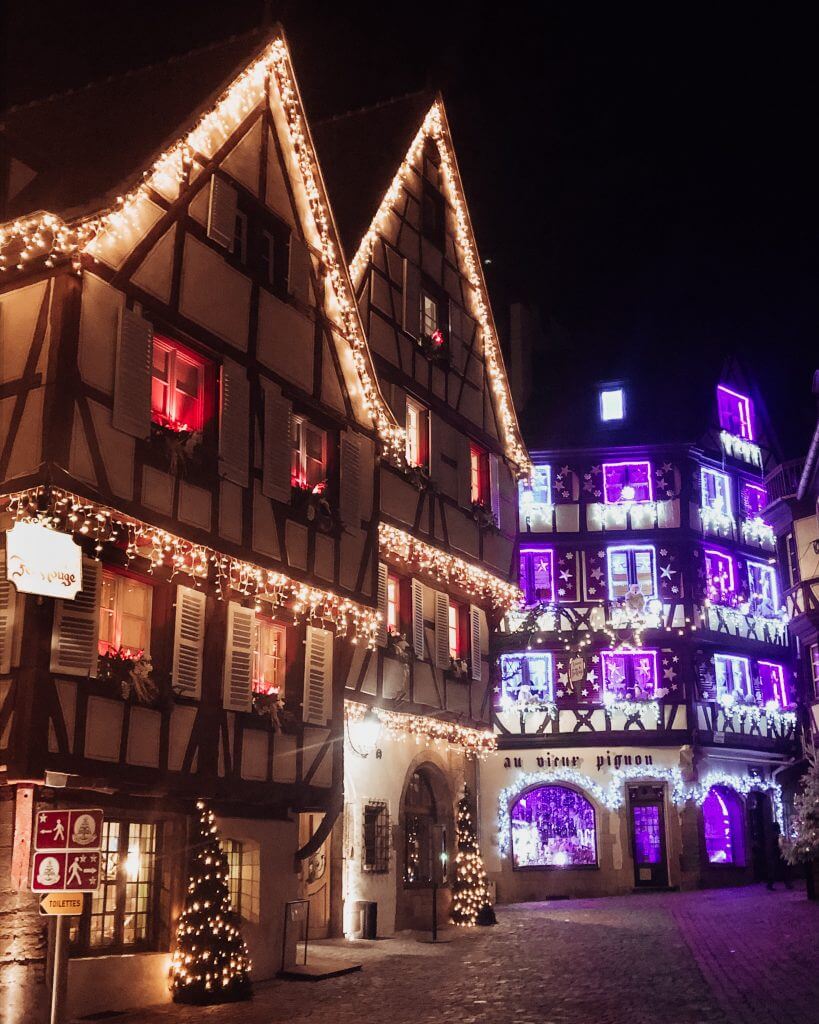 Christmas lights on the buildings of Colmar Alsace France.