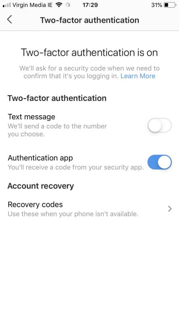 Image showing you how to turn on two factor authentication and how to protect your instagram account from being hacked. 