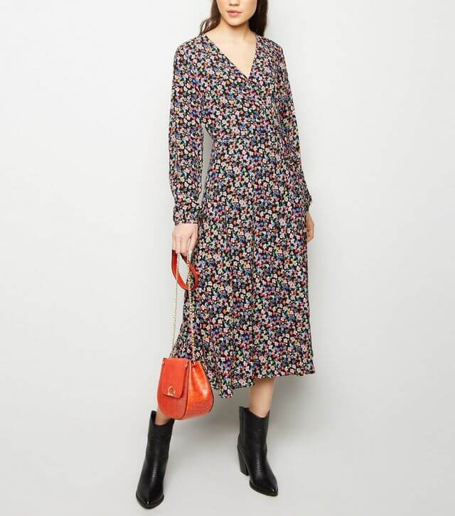 Black Bright Floral Long Sleeve Midi Wrap Dress for Spring from New Look