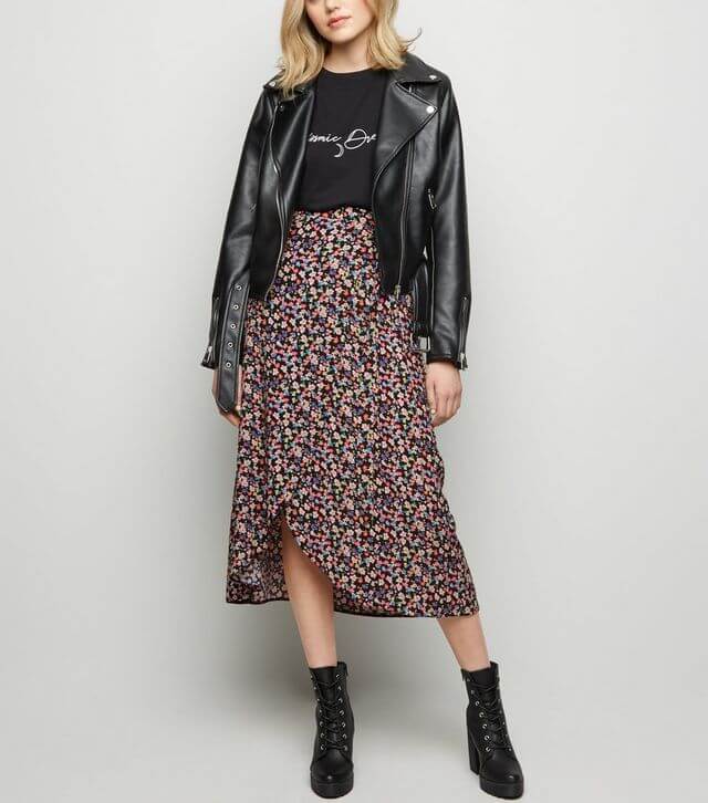 Black bright floral wrap midi skirt from New Look