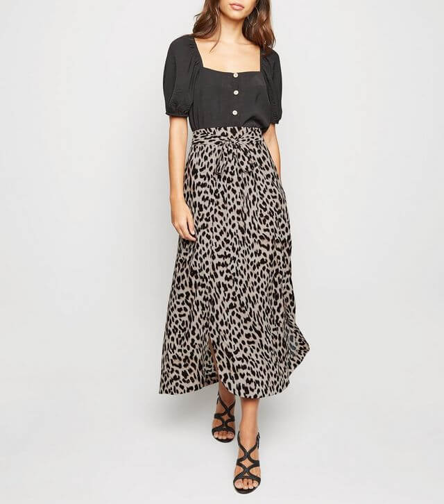Brown Leopard Print Belted Wrap Midi Skirt