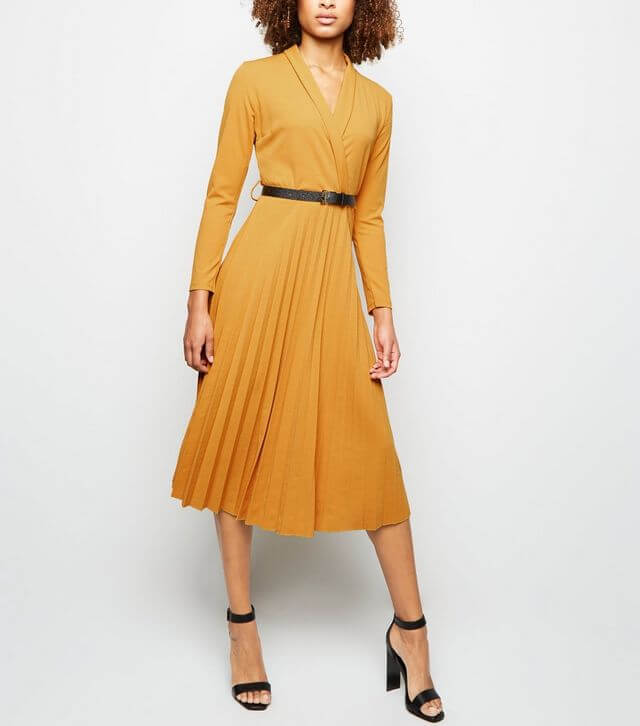 Cameo Rose Mustard Pleated Wrap Midi Dress from New Look
