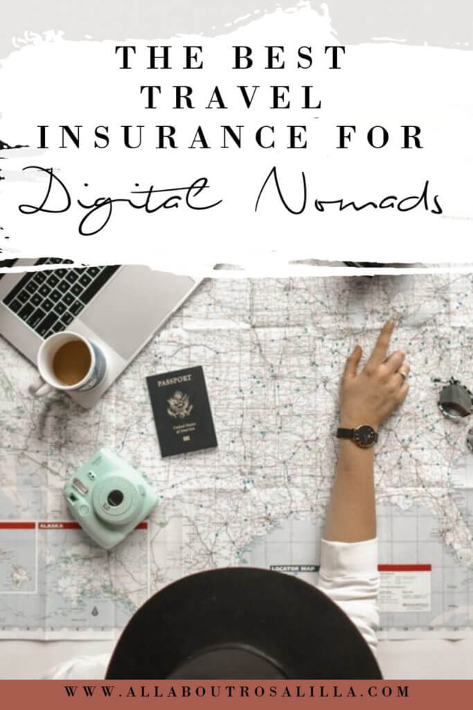 Picture of a woman pointing at a world map with text overlay The best travel insurance for digital nomads