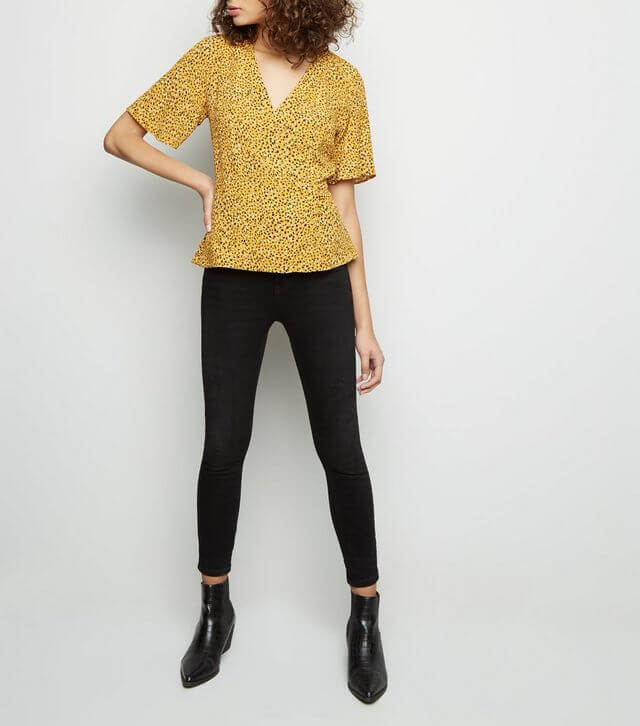 Yellow Spot Print Button Side Wrap Top from New Look