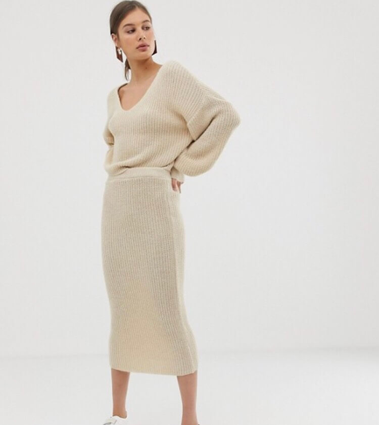 co-ordinating ribbed knit skirt and jumper.