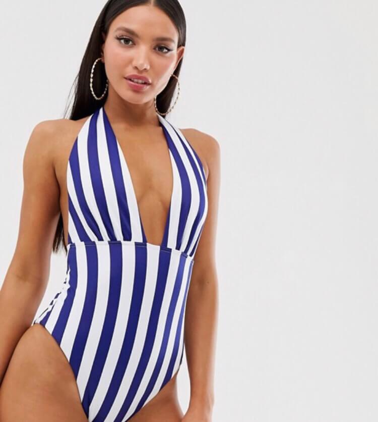 ASOS DESIGN TALL RECYCLED V FRONT STRAPPY BACK SWIMSUIT IN STRIPE