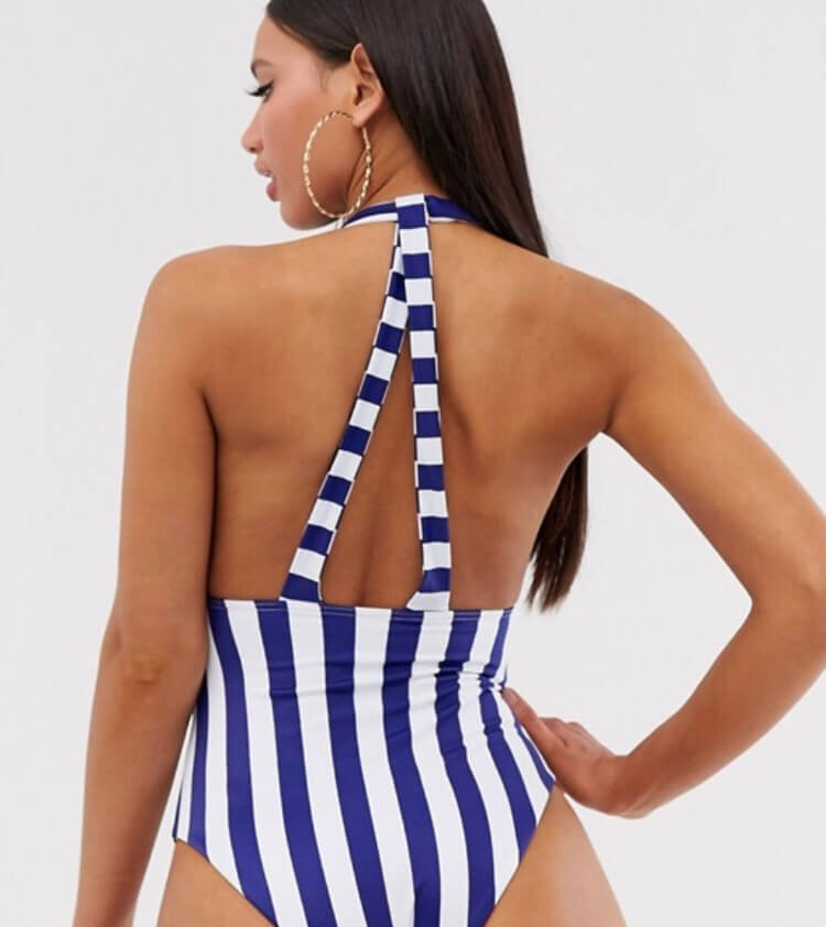 ASOS DESIGN TALL RECYCLED V FRONT STRAPPY BACK SWIMSUIT IN STRIPE