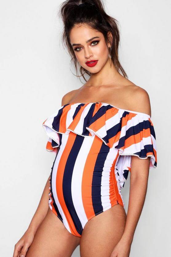  Maternity Off The Shoulder Stripe Swimsuit