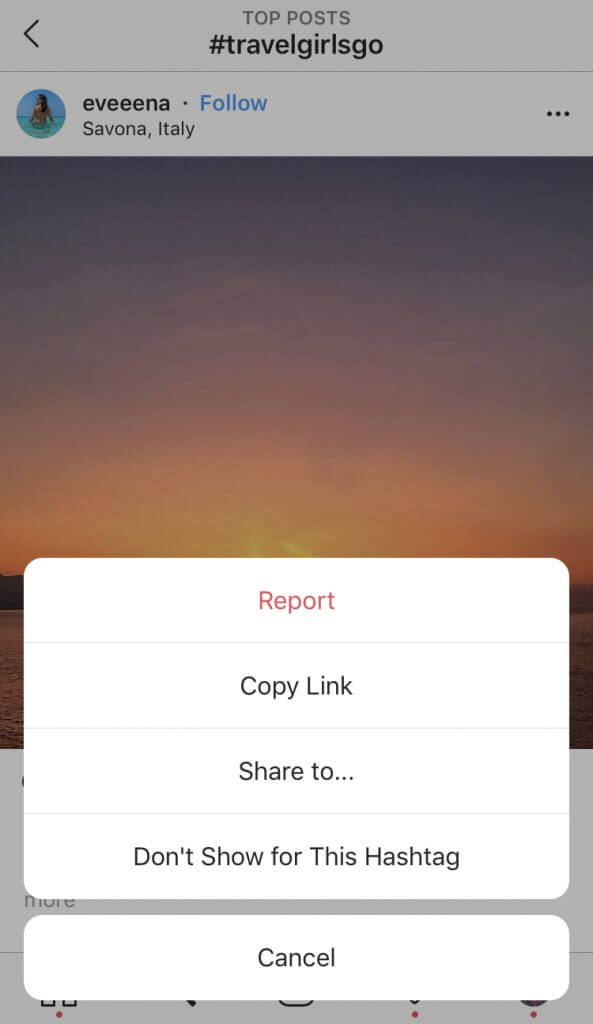 Image showing you how to research travel hashtags for Instagram. 