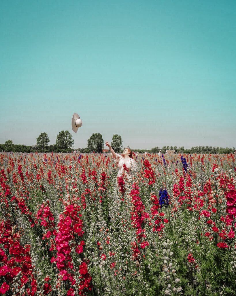 Woman standing in a field of flowers throwing her straw hat into the air