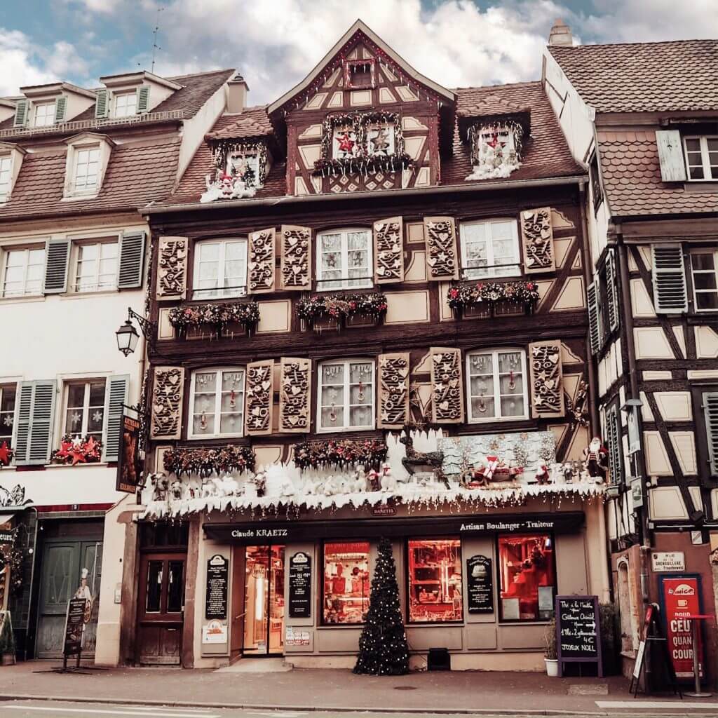 Buildings decorated for Christmas in Colmar Alsace France. 