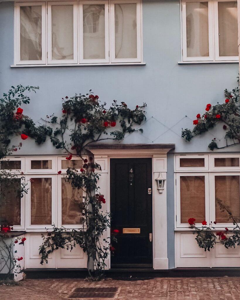 Blue Pastel House in Notting Hill covered in red climbing roses