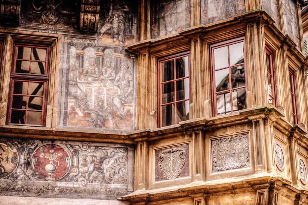 Detailed facades of the buildings in Colmar. 