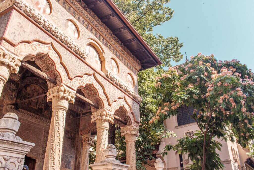 Beautiful architecture of the Stavropoleos Monastery in Bucharest Romania. 