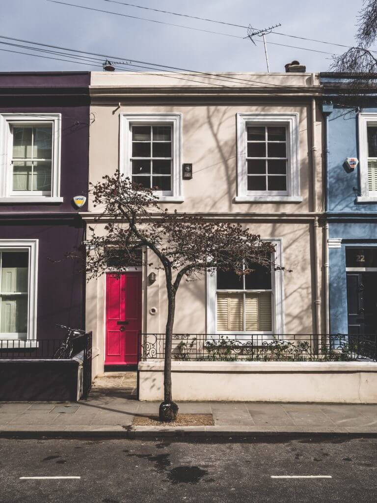 The pretty pastel houses of Notting Hill London. 