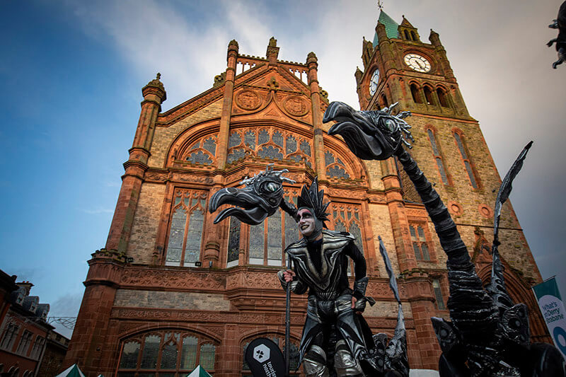 Halloween parade outside Guildhall in Derry Northern Ireland