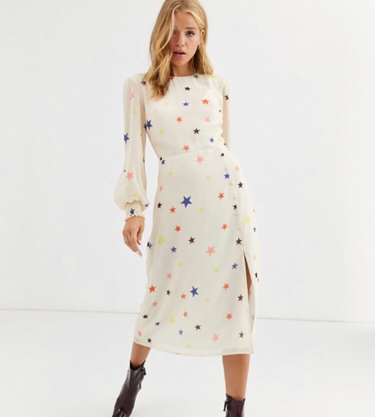 Nobody's Child midi dress with balloon sleeve in star print
