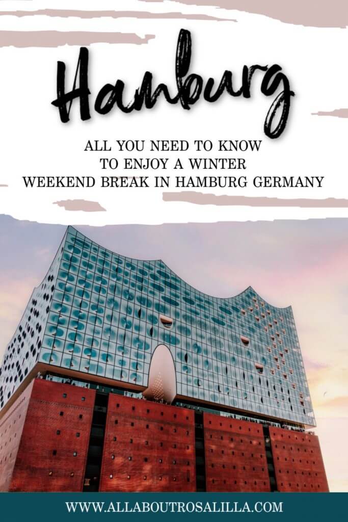 Elbphilharmonie building in Hamburg at sunset with text overlay