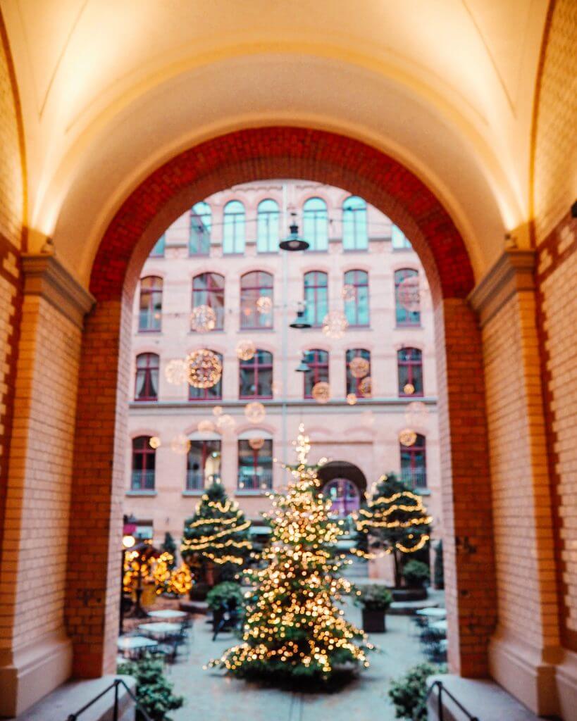 The courtyard of Tortue Hotel at Christmas in Hamburg Germany