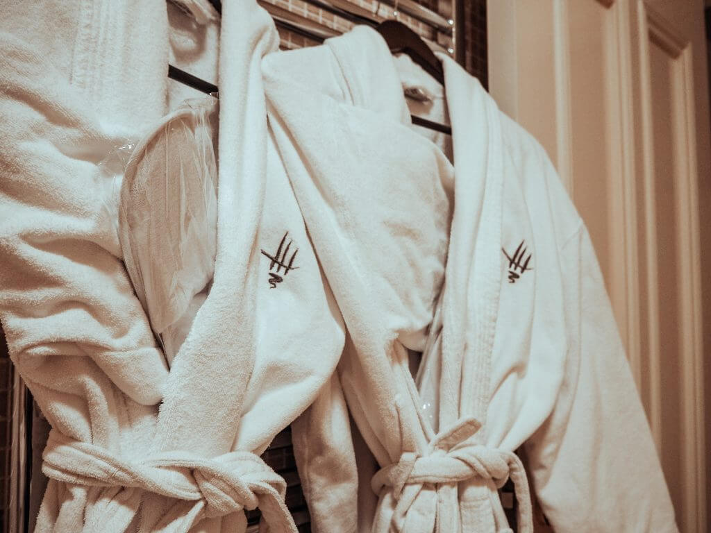 Monogrammed Fluffy white bathrobes at Lough Erne Resort in Northern Ireland