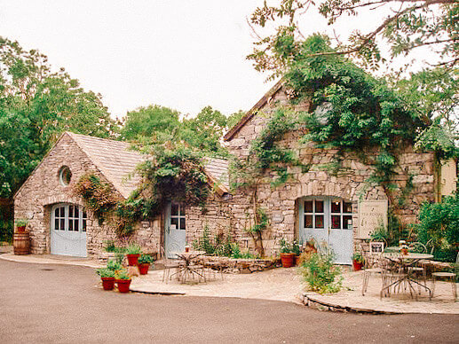 Stone house with duck egg blue doors covered with climbing roses.
