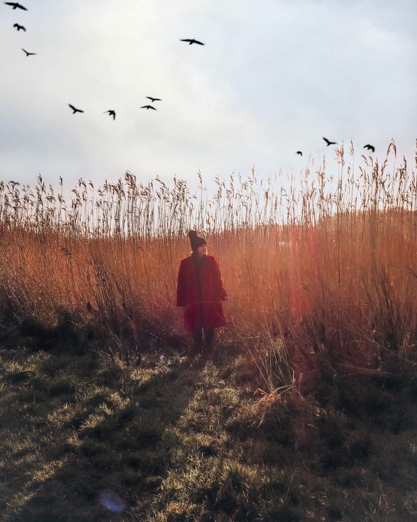 Woman in a red coat standing amongst the reeds at Lough Erne resort as birds fly overhead