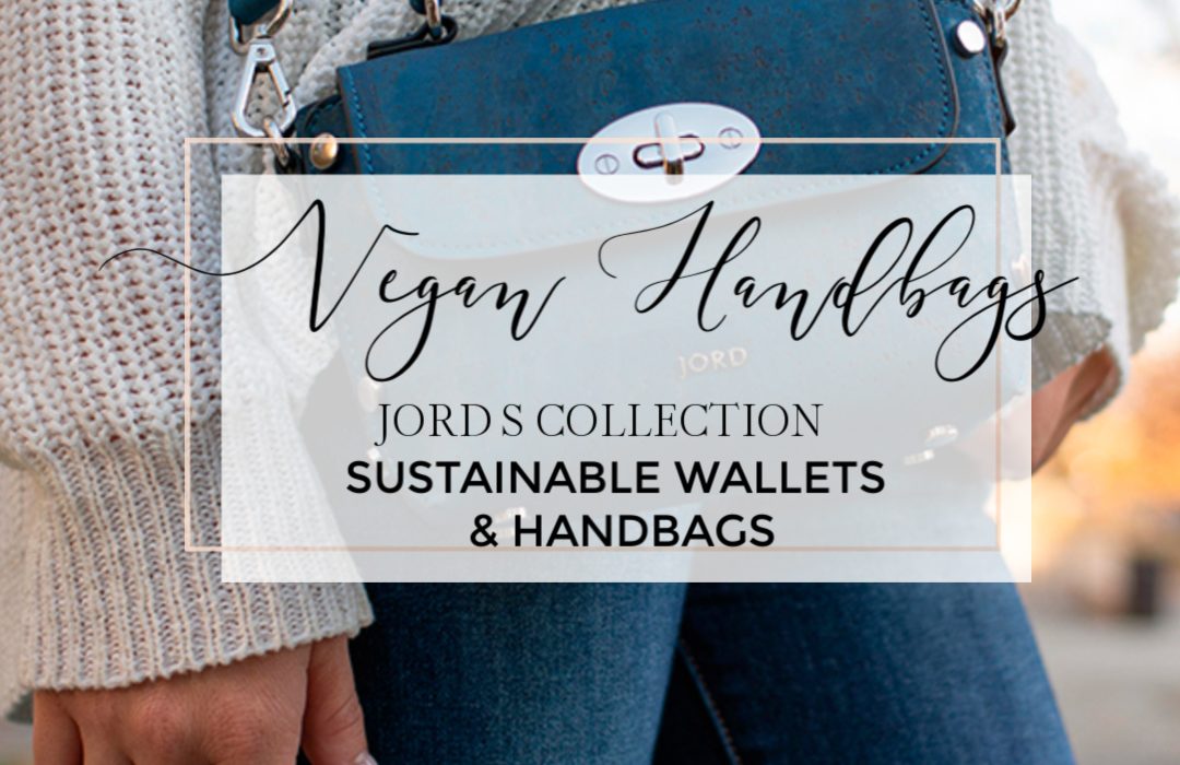 Blue vegan leather handbag with text overlay