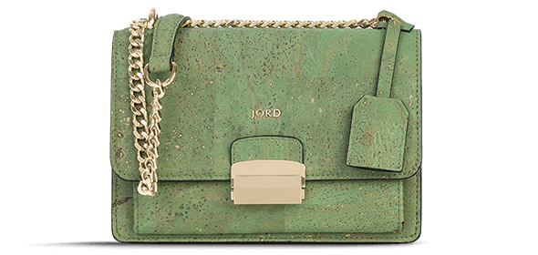A green suberhide handbag with gold chain detail