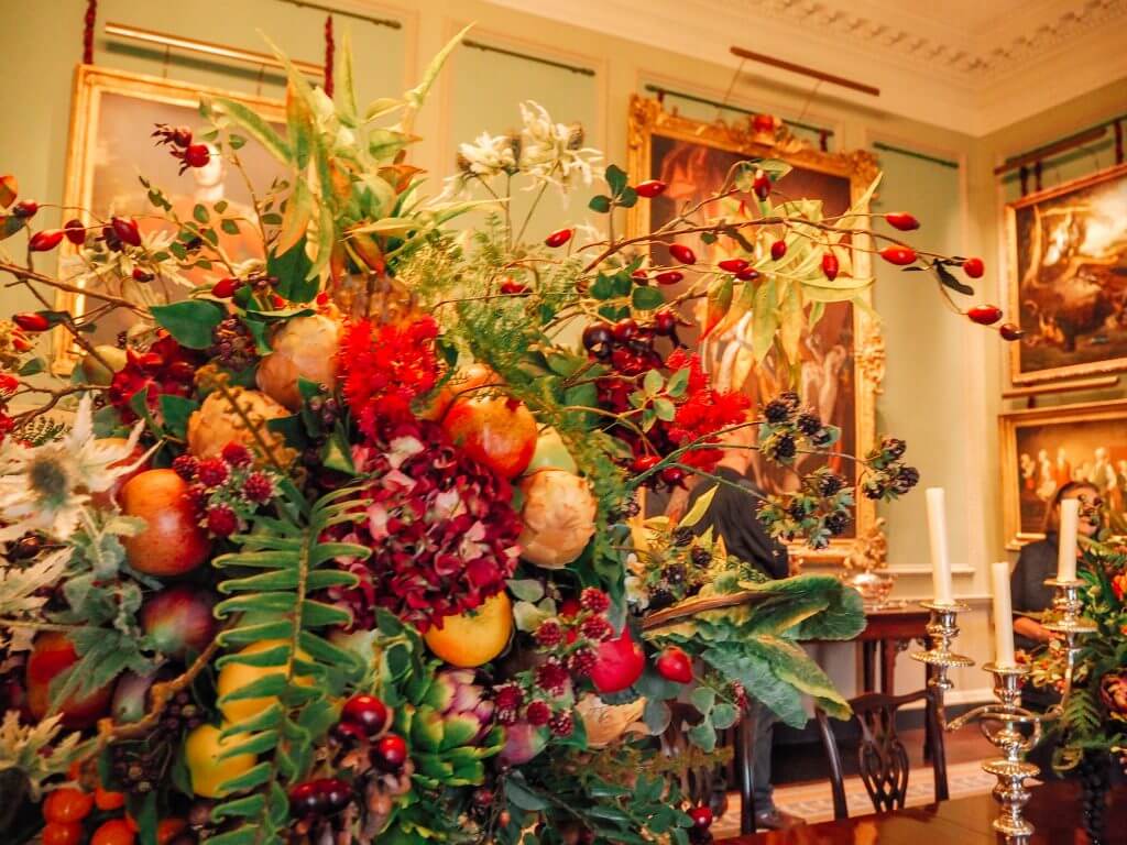 Beautiful bouquest of flowers on the dining table in Hillsborough castle in Northern Ireland