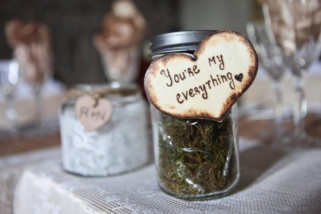 Picture of a Mason Jar at a wedding with the words you are my everything