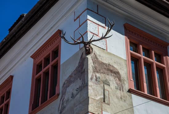 Details of tenement house called House with Stag in Sighisoara town in Romania