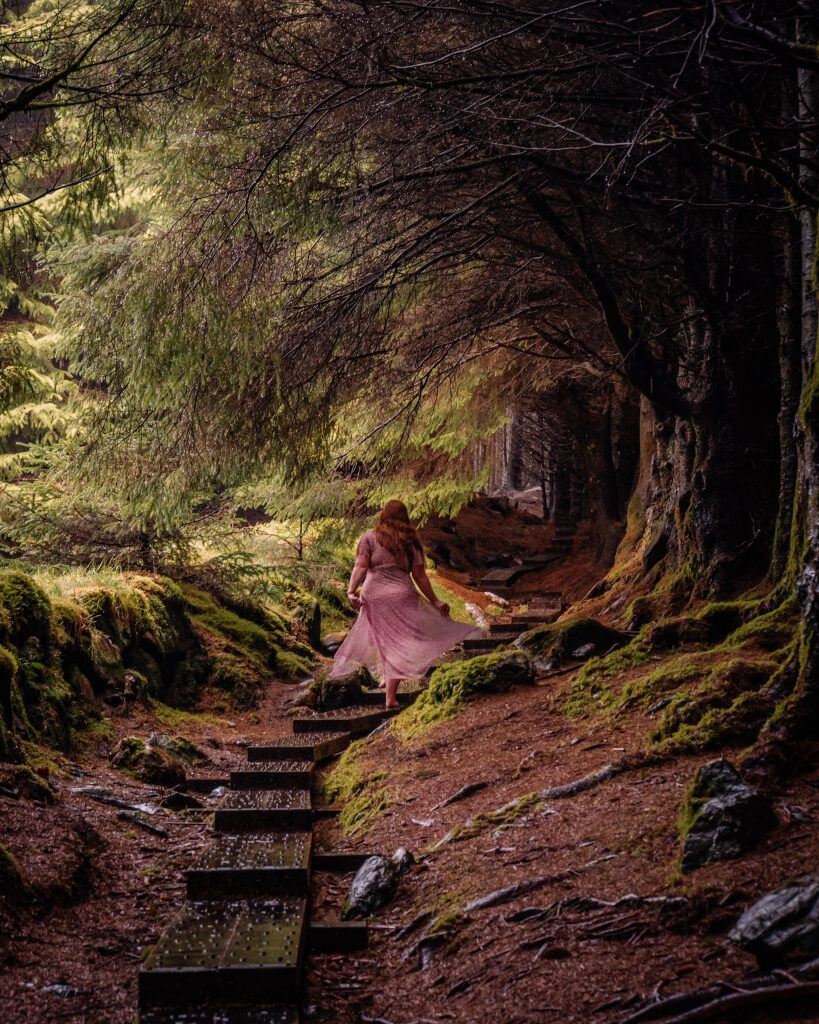 Woman in a purple dress walking through the fairytale Ballinastoe woods in Wicklow Ireland
