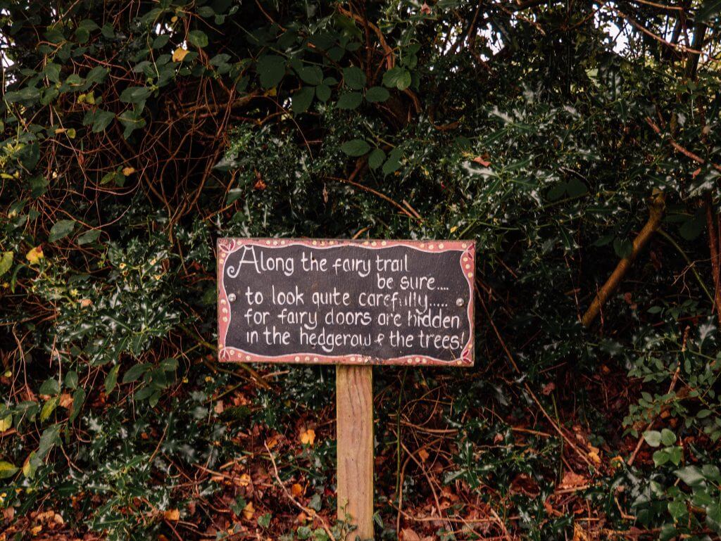 Sign for fairies on a woodland nature trail for kids at Greenan Maze Wicklow
