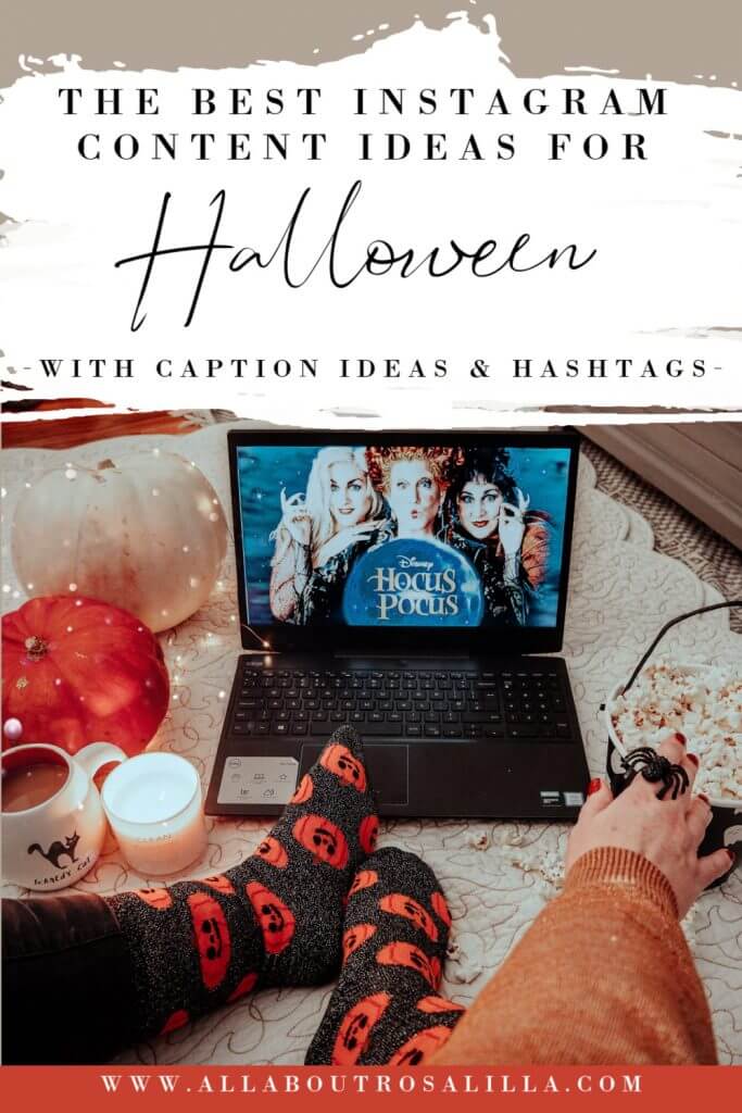 Women watching Hocus pocus on her computer with text overlay Halloween Instagram Ideas
