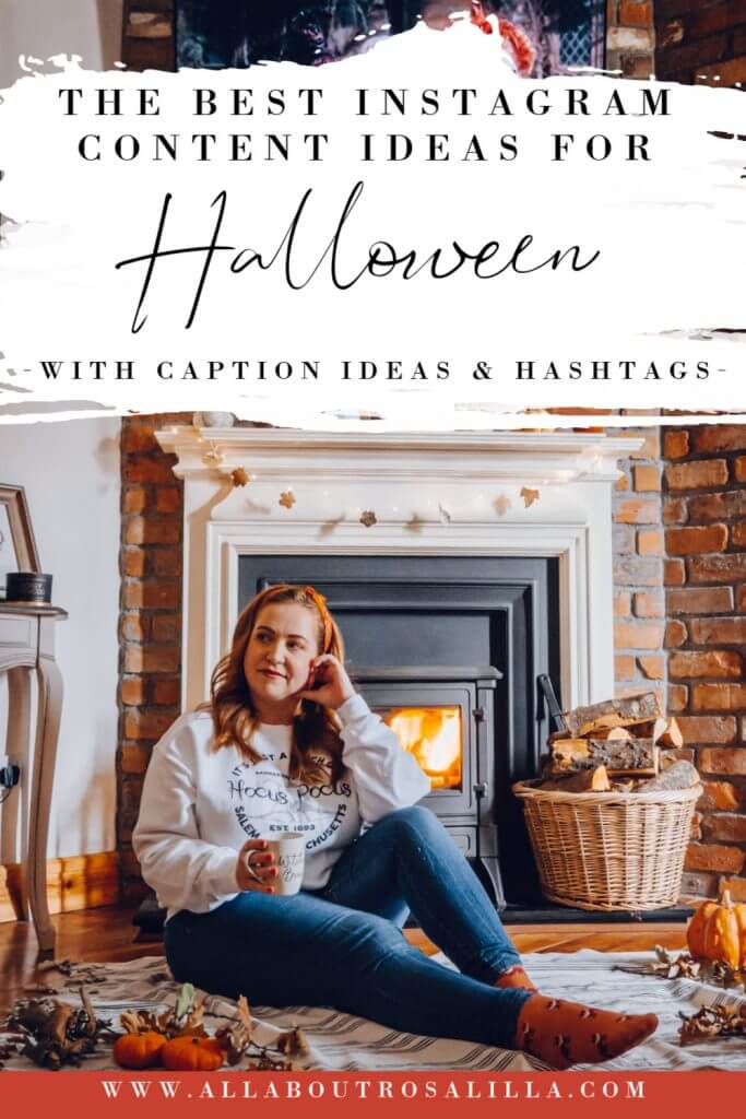 Girl sitting at a fireplace with text overlay Halloween Instagram Ideas