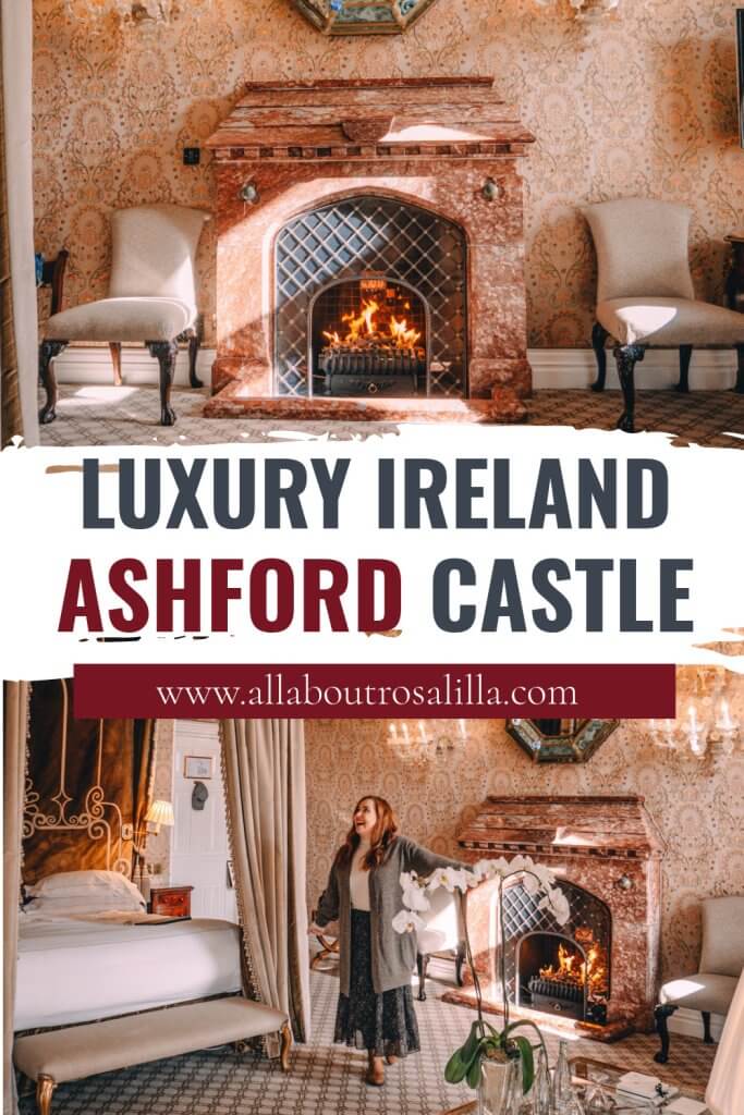 Images from inside Ashford Castle with text overlay luxury hotels Ireland Ashford Castle
