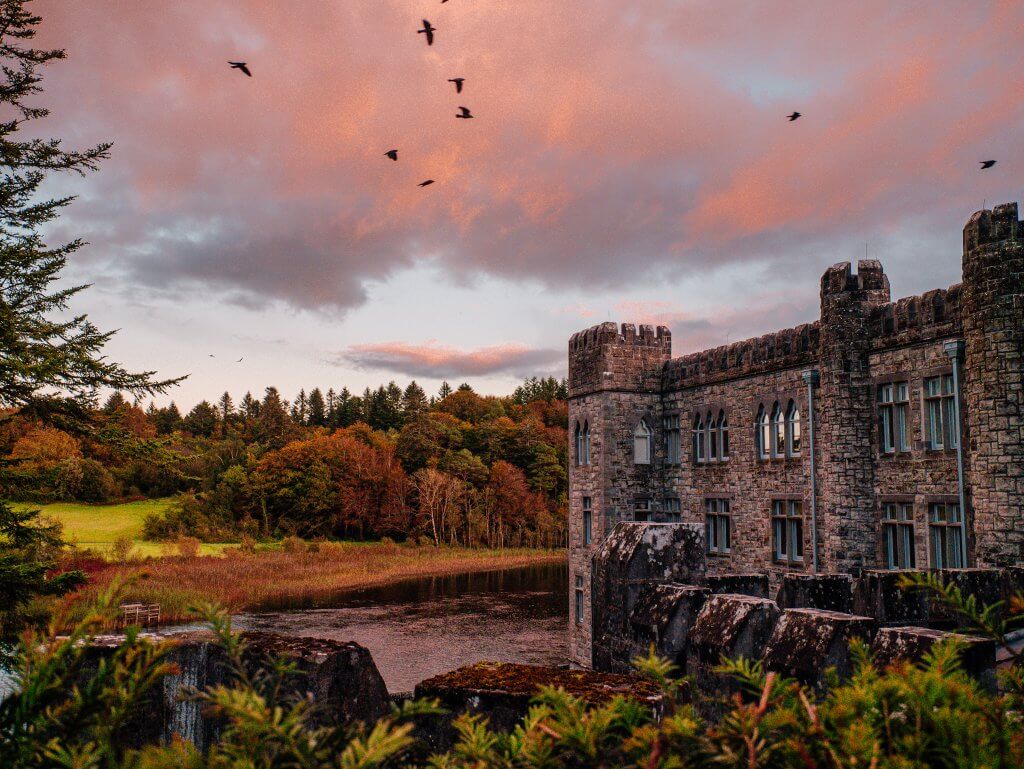 Sunset at Ashford Castle one of the best hotels in the world