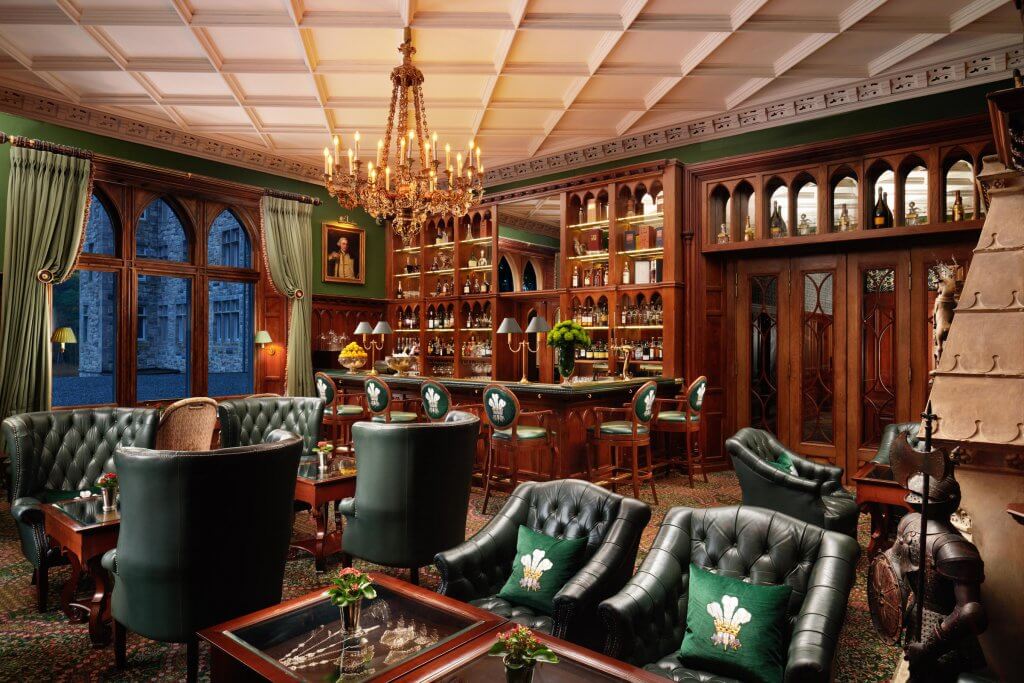 Interior of Prince of Wales bar at Ashford Castle Hotel in Ireland, luxury travel ireland