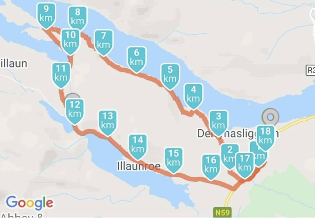 Map of the route of Killary Harbour Coastal Walk on a Connemara Hike