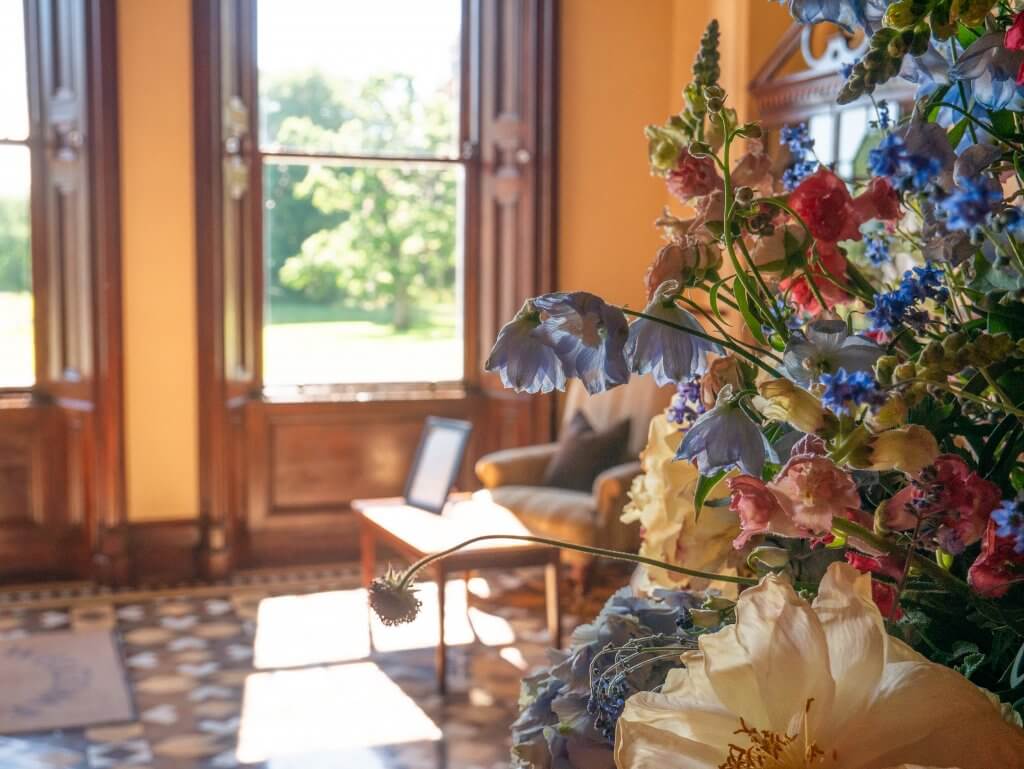 Flowers in the lobby of Mount Falcon hotel in Mayo Ireland