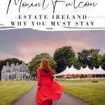 Image of a girl in a red dress with text overlay Ireland Hotels Mount Falcon Estate Ireland why you must stay