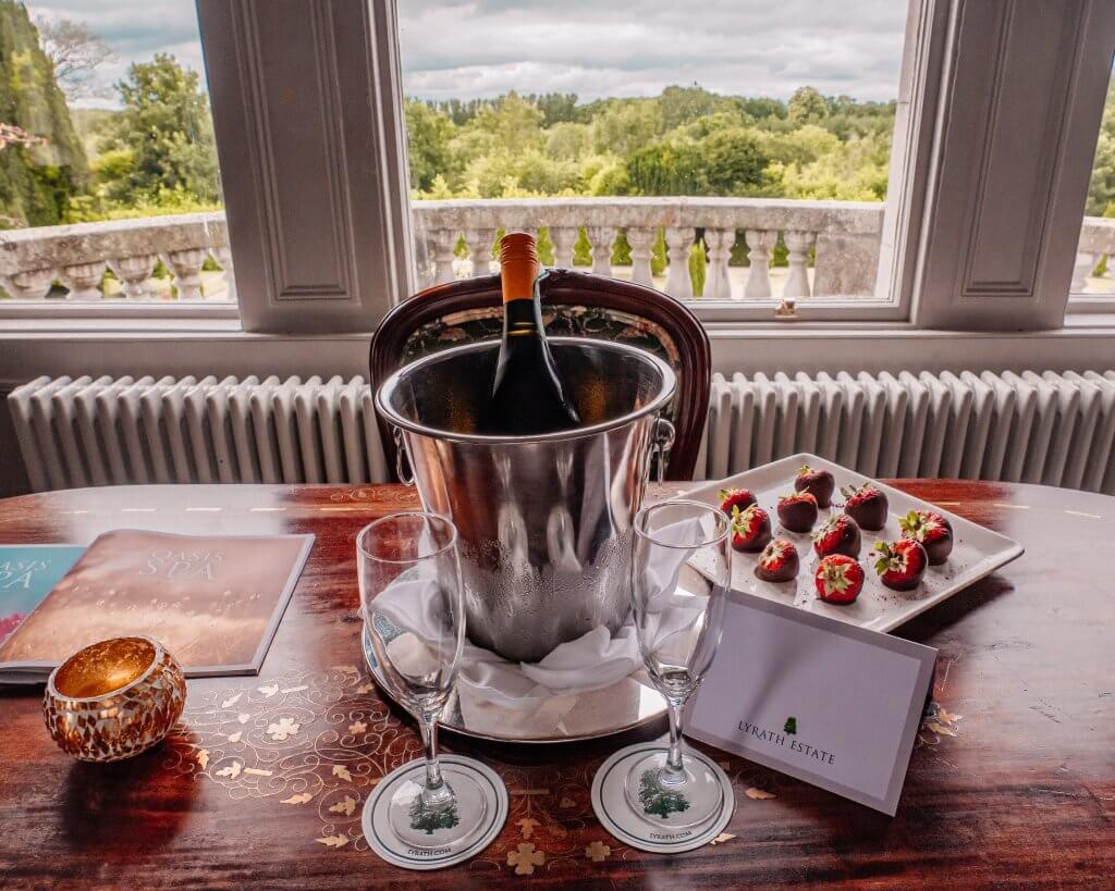 Champagne and chocolate covered strawberries at the Lyrath Estate and Spa Kilkenny Ireland