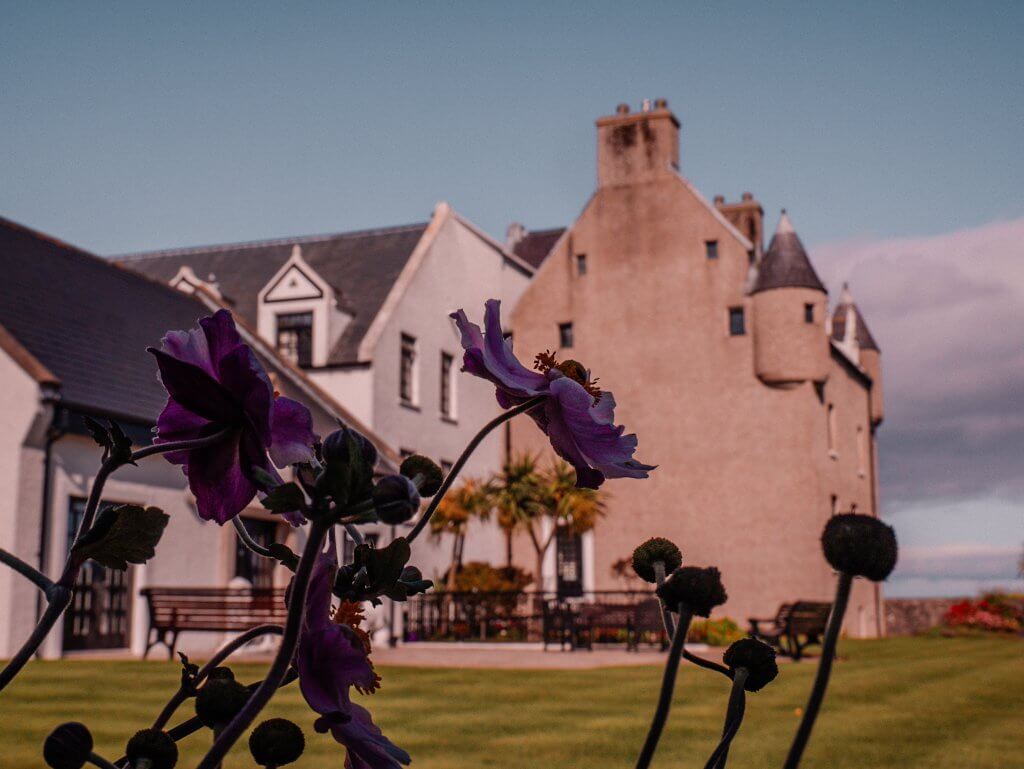 Exterior of Ballygally castle hotel framed by flowers