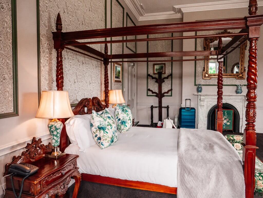 Bedroom of the Lyrath Estate Kilkenny with four poster bed